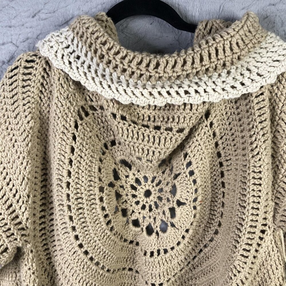 Crochet Cardigan Sweater Womens Handmade Beige Grannycore Boho Hippie Retro 70s - Picture 15 of 15